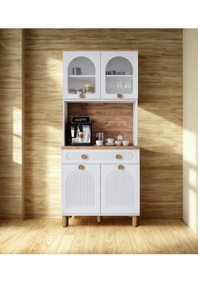 Bohem Mini 93 Cm Kahve Köşesi Ve Çok Amaçlı Mutfak Dolabı Ceviz - Beyaz