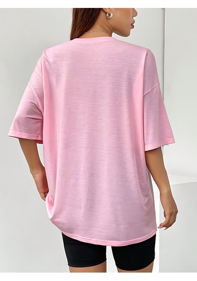 Coffe Süprem T-shirt - Pembe Baskılı Oversize Bisiklet Yaka Kısa Kol Tişört Pembe