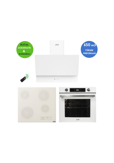 Alveus Afm Serisi Lugan Vitro FM7701 + V6-05 + FM3401W Elektrikli Cam Beyaz Ankastre Set