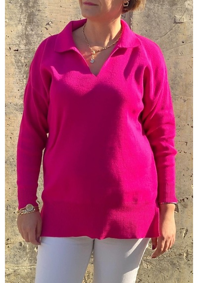 Mia Butik Büyük Beden Fuşya Polo Yaka Triko Bluz -1328 Fuşya