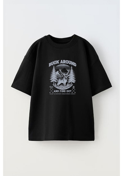 Thewert Unisex Deer Hunting Club Tasarım Baskılı Pamuk Sıyah Oversize T-shirt Siyah