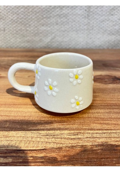 Bulut Papatya Desenli El Yapımı Seramik Kupa, Mug, Türk Kahvesi