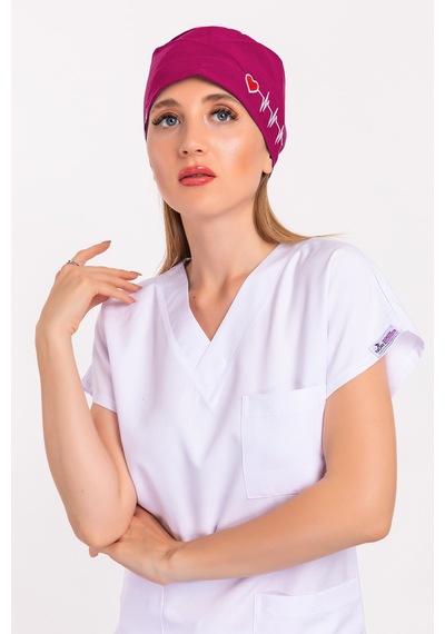 Unisex Koyu Pembe Kalp Ritim Nakışlı Doktor Hemşire Hastane Medikal Cerrahi Bonesi Pembe