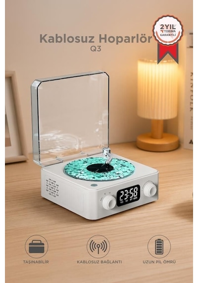 Bluetooth Hoparlör Dijital Saatli Pikap Q3 Beyaz Dekoratif Saat Nostaljik Radyo Müzik Tutkunu