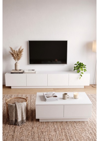 Yurudesign Yoda 200cm Tv Ünitesi Orta Sehpa 2'li Set Beyaz Yd26-w