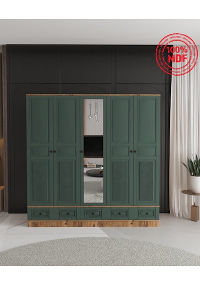 Nil 5 Kapaklı Çekmeceli Bazalı Gardırop - Tamamı Mdf Yeşil