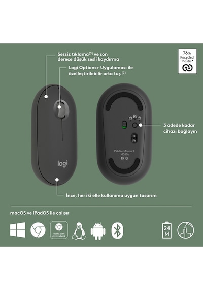 Logitech M350s Pebble 2 Bluetooth Kablosuz Sessiz Kompakt Mouse - Siyah M350S