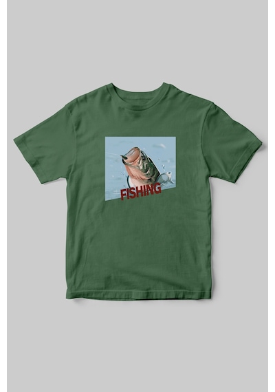 Fishing Balıkçıklık, Deniz Balık Avcılığı Regular Fit %100 Pamuk Bisiklet Yaka Hunter Haki T-shirt Haki