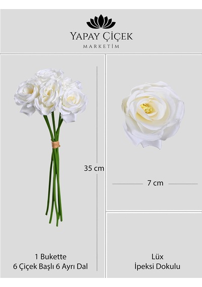 Beyaz Yapay Gül Buketi 6 Dallı Lüx İpeksi Dokulu 35 Cm