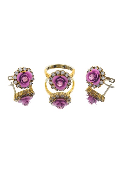 El İşçiliği Pembe Gül Detaylı Vintage Stil Gümüş Ve Bronz Yüzük Küpe Otantik Takı Seti Mod113 Gümüş