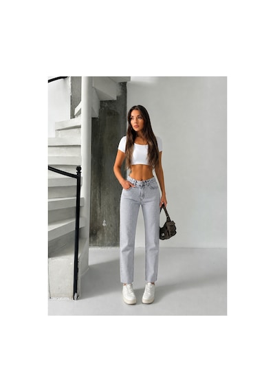 Bluemarlin Gri Kar Ön Arka Taşlı Paça Kesik Mom Denim Pantolon Gri Kar