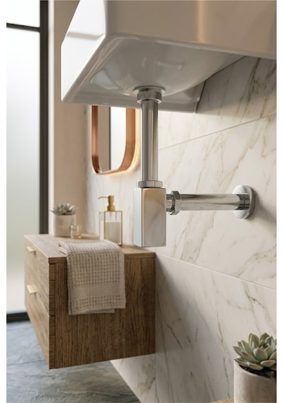 Lüks Krom Taslı Lavabo Sifonu Kare Krom