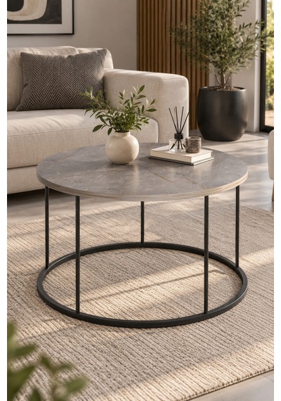 Sulorahome Gordion Desenli Gri Orta Sehpa Siyah Metal Ayaklı Yuvarlak Salon Sehpa