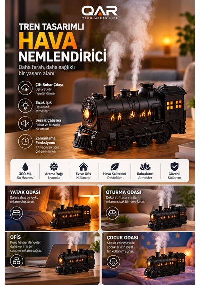Siyah Tren Tasarımlı Hava Nemlendirici Dekoratif Masa Üstü Ortam Nemlendirici Kumandasız