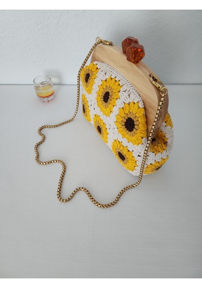 Fikriharika Design Ayçiçeği Motifli Ahşap Burslu El Çantası Çok renkli