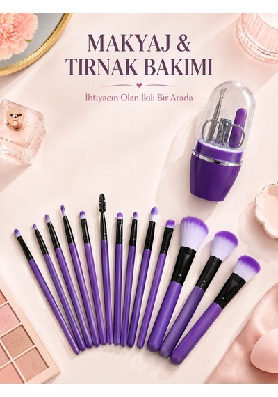 Makyaj Ve Tırnak Bakım Seti 12 Li Mor Makyaj Fırçaları Manikür Pedikür Seti Günlük Kişisel Bakım Pak
