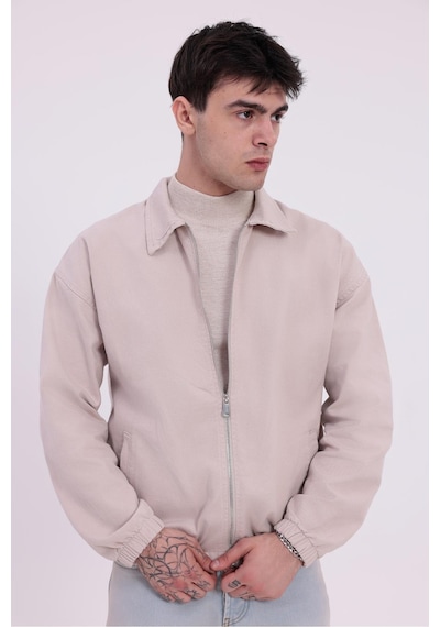 Erkek Gabardin Kumaş Fermuarlı Oversize Beli Lastikli Mevsimlik Ceket-265 Bej