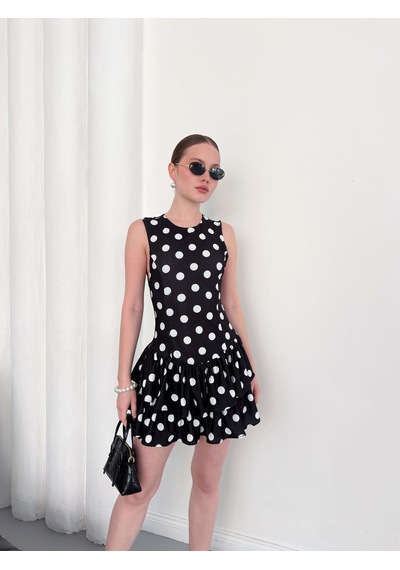 Verymoda Puantiyeli Sıfır Kol Elbise D2946 Siyah