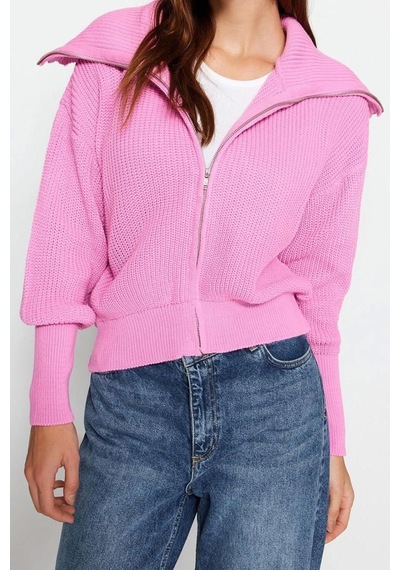 Ersefa Kadın Modern Tarz Oversize Devrik Yaka Regular Triko Hırka Pembe