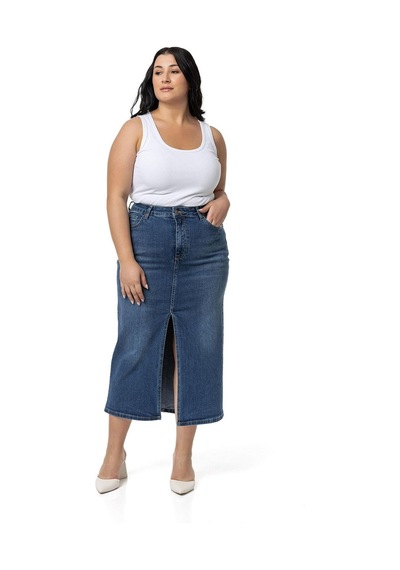 Disentis Büyük Beden Önden Yırtmaç Detaylı Beş Cepli Midi Denim Mavi Etek-mavi Mavi