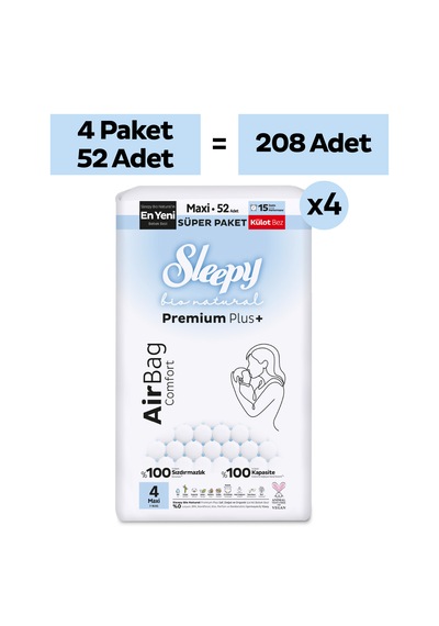 Sleepy Bio Natural Premium Plus Airbag Comfort Ultra Paket Külot Bez 4 Numara Maxi 208 Adet