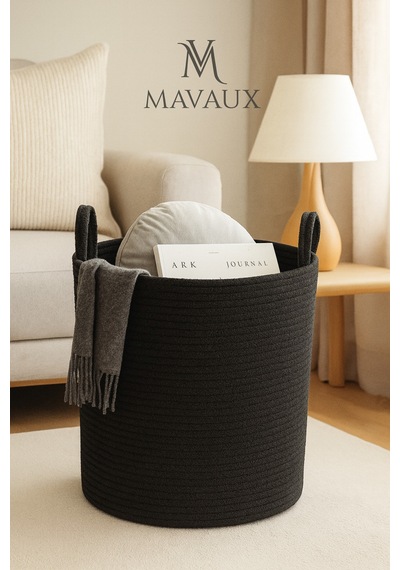 Mavaux El İşçiliği Dokulu Büyük Boy Sepet 40 X 36 Cm Dekoratif Ev Düzeni, Oyuncak Ve Çamaşır Organizer Siyah