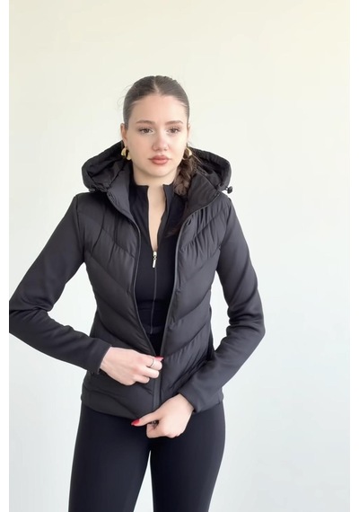 Prifaldi Siyah Kapüşonlu Softsell Kollu Şişme Mont Kışlık Slim Fit Rüzgar Geçirmez Fermuarlı Siyah
