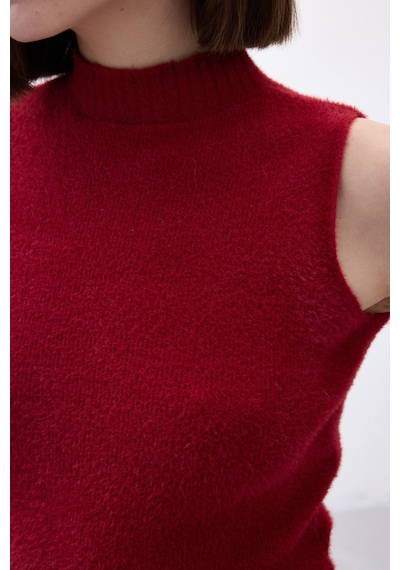 Sateen Sıfır Kol Sakallı Triko Bluz - Bordo-136514 Bordo