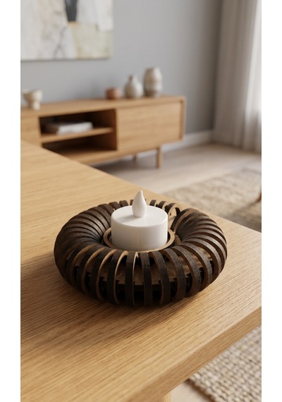 Donut Tealight Mumluk Ahşap Mumluk + Led Pilli Mum 1 Adet Ham Mdf