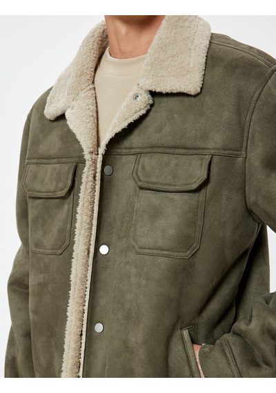 Koton Süet Görünümlü Ceket Slim Fit Peluş Detaylı Gömlek Yaka Haki 5wam20075hw Haki