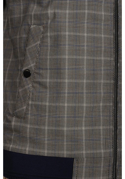 Erkek Camel Bomber Ceket Keten Karışım Slim Fit Ekose Kare Desenli Ribana Ince Astar Ceket Ncs Jeans 4984-Camel