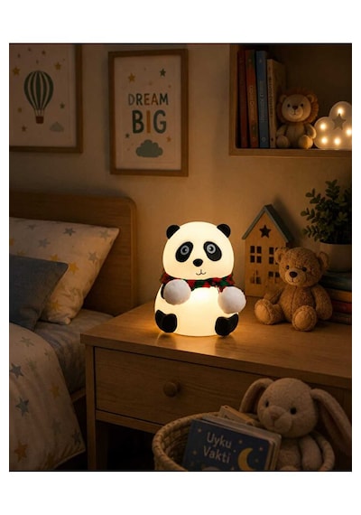 Sevimli Atkılı Panda Gece Lambası Yumuşak Typce Sarjlı 5 Renk Işıklı Çocuk Gece Lambası Beyaz