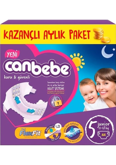 Canbebe Bebek Bezi Kilit Sistemli 5 Numara Junior Kazançlı Aylık Fırsat Paketi 44 Adet