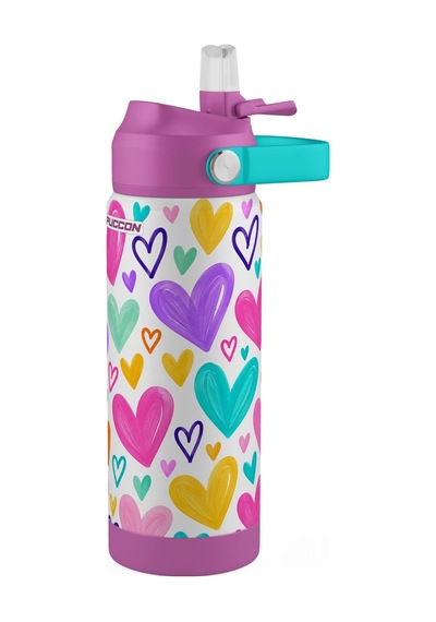 Puccon 540 Ml Kalp Desenli Mor - Pembe Kız Çocuk Pipetli Çelik Termos Matara/suluk - 60062