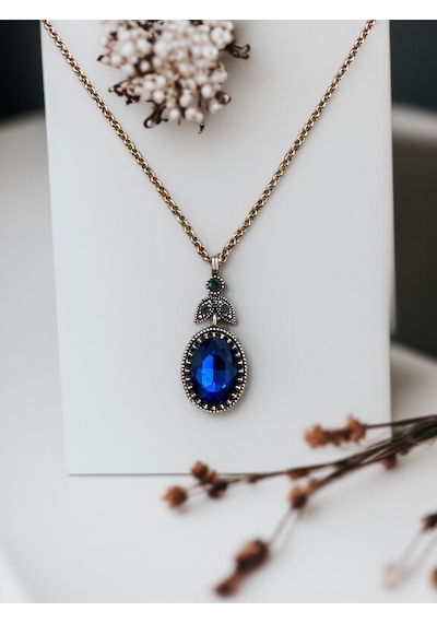 Kristal Taşlı Oval Kesim Kolye Mavi