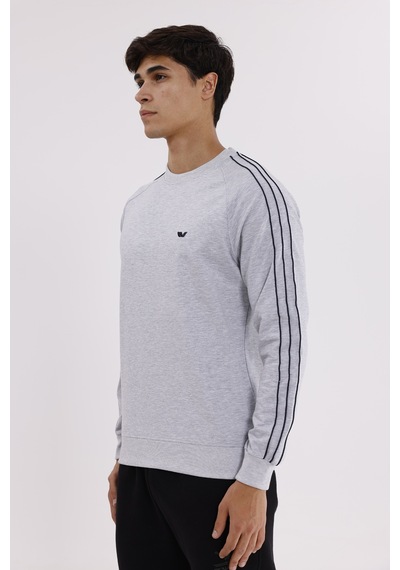 Rowinger Çift Şeritli Raglan Kol Minimal Logolu Bisiklet Yaka Sweatshirt Grey