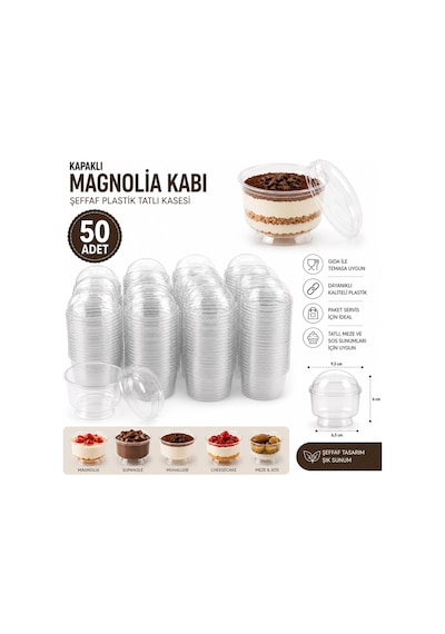 50 Adet Kapaklı Tatlı Kabı Magnolia Kasesi Şeffaf Plastik 200 Cc Magnolya Kase