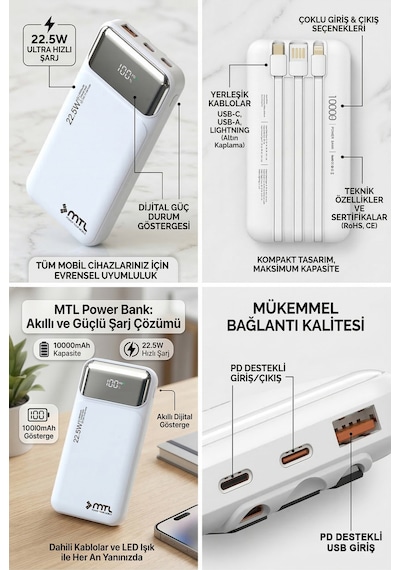 10000 Mah 22.5w Süper Hızlı Şarj Dahili Kablolu Dijital Led Göstergeli Pd Ve Qc 3.0 Powerbank Mt4310 Beyaz