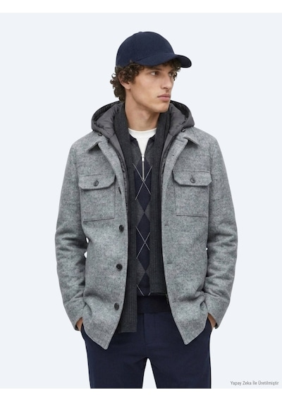 Kip Gri Regular Fit Kapüşonlu Smart Casual Dokuma Mont