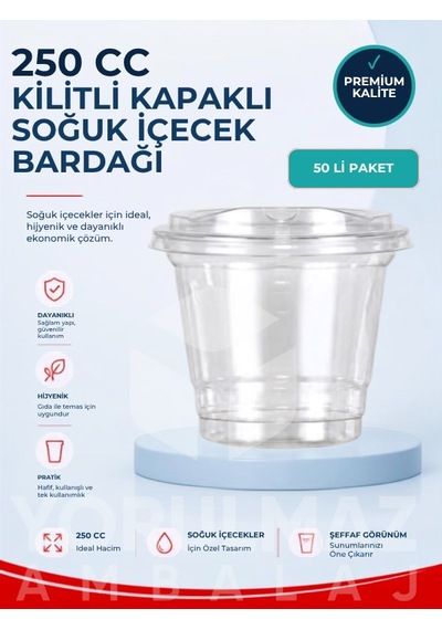 250 Cc Kilitli Kapaklı Plastik Bardak 50 Adet Şeffaf Soğuk İçecek Bardağı Sızdırmaz Kullan At Bardak Diğer