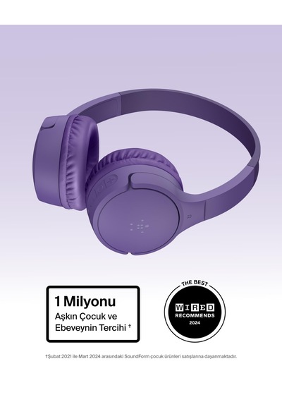 Belkin Soundform Mini Kablosuz Çocuk Kulaklığı, Entegre Mikrofonlu Ve Eğlenceli Çıkartmalı, 30 Saat Oynatma Ders, Tatil, iPhone, Apple iPad Uyumlu, Galaxy İçin Kulak Üstü Kulaklık, Lila