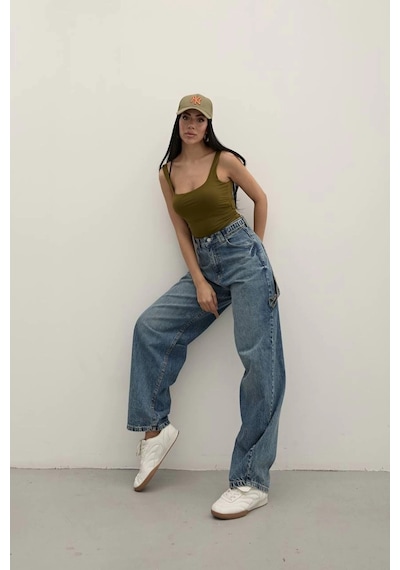 Tint Blue Premium Yıkamalı Kemerli Baggy Jeans Mide Blue Tint Blue Premium Yıkamalı Kemerli Baggy Jeans Mide Blue