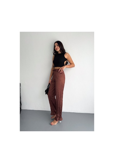 Gugus Kadın Saten Pantolon Trend Wide Leg Model Kahverengi
