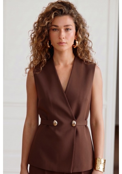 Sateen Sofia Düğme Detaylı Yelek - Kahve-137604