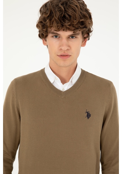 U.S. Polo Assn. Erkek Slim Fit V Yaka Haki Basic Kazak 50293512-VR027