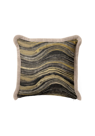 Mermer Motifli Soyut Saçaklı Yastık Kılıfı - Dalgalı Modern Gold Krem Püsküllü Kırlent Kılıfı Bej