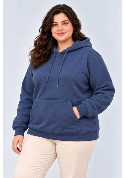 Zennamoda Battal Büyük Beden Üç İplik İçi Şardonlu Kapüşonlu Kanguru Cepli Kışlık Sweatshirt - Lacivert