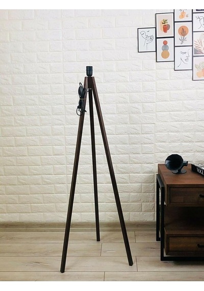 Tr Lambader Ayağı Ahşap Ayak Mdf Üçlü Tripod Ayak Tesisatlı Abajur Ayağı Kahverengi