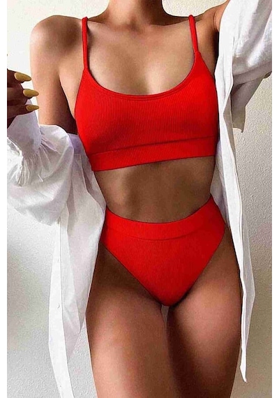 Angelsin Yüksek Bel Fitilli Kumaş Bikini Altı Kırmızı 001