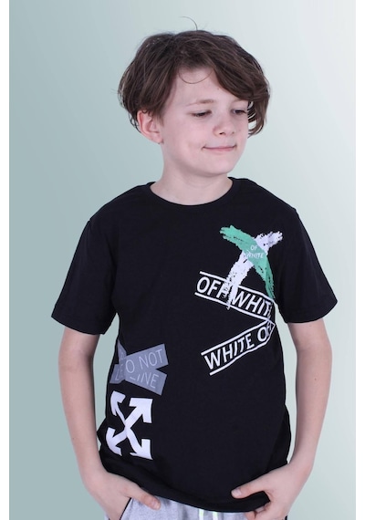 Panios Kids X Baskılı Sıfır Yaka Erkek Çocuk Siyah T-shirt Siyah